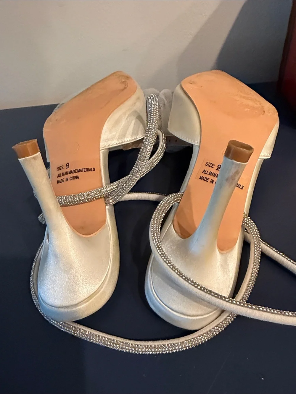 Lelanee White Satin Rhinestone Bow Ankle Strap Pumps by LuLus Size 9'